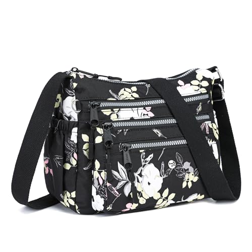 AOCINA Crossbody Bags for Women Multi Pocket Nylon Lightweight Ladies Purses Messenger Shoulder Handbags Satchel Travel Bag - color: Black Flowers, size: Large