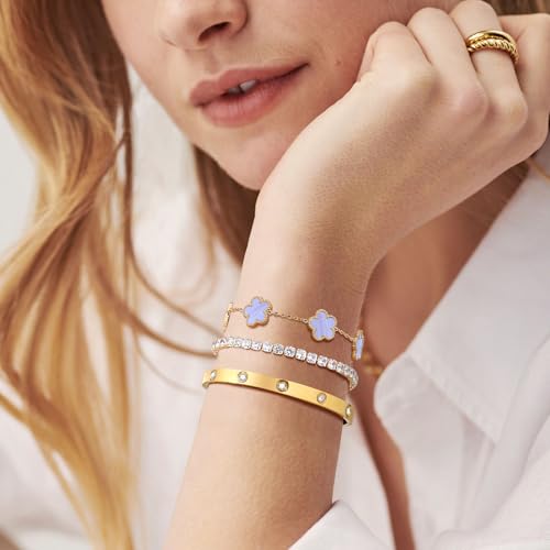 Womens Stackable Floral Gold Bracelets - 3Pcs 18K Gold Plated Bracelet,Stainless Steel Bangle Bracelets Non Tarnish, Gold Bracelet Set Trendy Jewelry,Christmas Valentines Birthday Gifts for Girlfriend - color: Blue