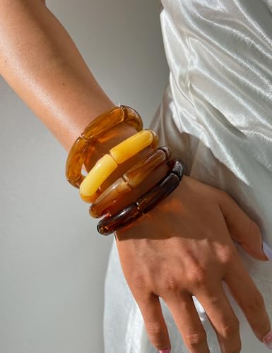 iF YOU 6pcs Chunky Acrylic Bangle Bracelets for Women, Resin Bamboo Brown Stretchy Bracelet Stack, Fashion Jewelry for Women - color: 4 Orange bangles