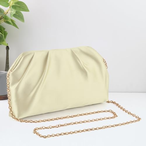 ERKOON Clutch Purse for Women Elegant Pleated Evening Bag Crossbody Shoulder Handbag Envelope Bag with 2 Detachable Chain - color: Beige
