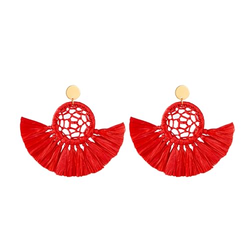 Boho Raffia Summer Beach Earrings for Women, Large Statement Dangle Drop, Lightweight Handmade Woven Fan Tassel Jewelry - color: Red