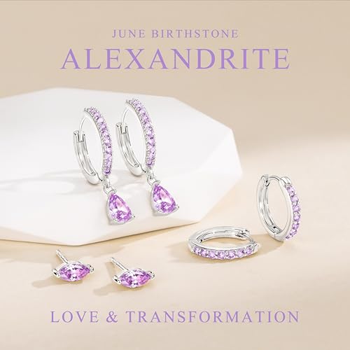 14K Gold Plated Small Huggie Hoop Earrings Set for Women, Hypoallergenic Dainty Sterling Silver Dangle Studs for Cartilage Helix, Lightweight Trendy Cute Stack Birthstone Jewelry Gift - color: 06_Alexandrite_Jun_Silver