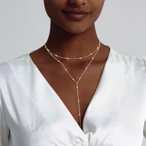 HAXIYA Lariat Gold Necklace for Women Dainty Long Necklace 14K Gold Plated/Silver Y-Shaped Pendant Drop Chain Layered Pearl/Beaded/CZ Necklaces Gold Jewelry Gift for Prom/Wedding - style: Sequin - Gold