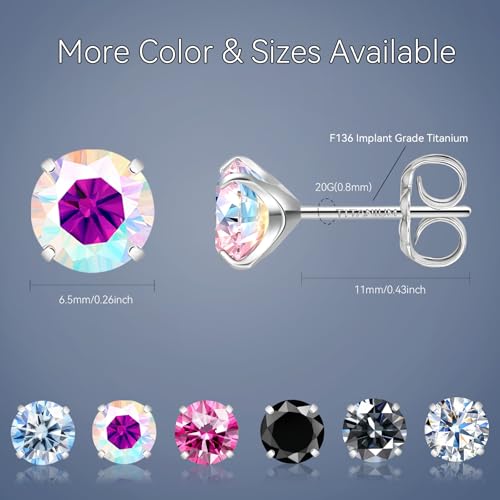 Moissanite Stud Earrings, G23 Hypoallergenic Titanium Stud Earrings for Women Men, Round Cut D Color VVS1 Clarity 18K White Gold Palted Multicolor Moissanite Jewelry, 0.6CT-3.0CT - color: Aurora Borealis, size: (1.5ct*2)-7.5mm-3.0 Carat