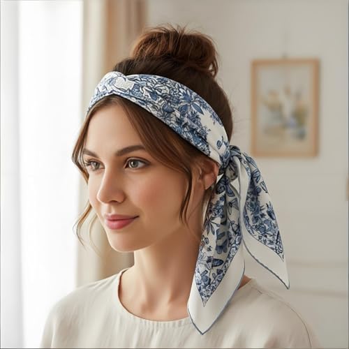 Premium Floral Scarf for Women 35x35 Square Silk Feel-Lightweight Scarves Headscarf Bandanas Wrapping Handbag - color: Big Blue Butterfly
