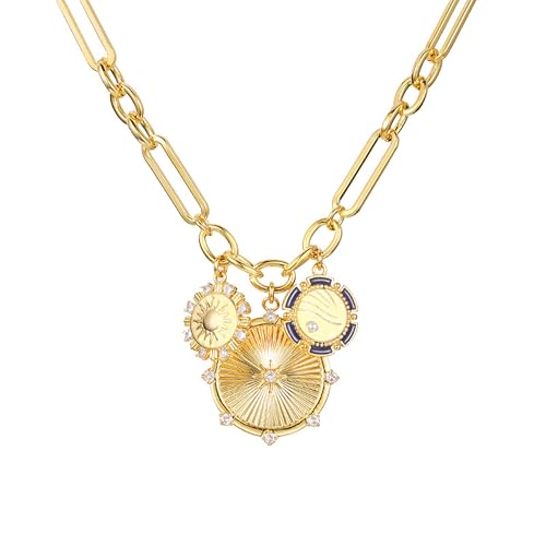 Sun Coin Charm Choker Necklace for Women Men 18K Gold Plated With Zircons Inlaid Pendants Thick Chunky Paperclip Chain Hip Hop Necklace Unisex Jewelry Cuban Link Chain Trendy