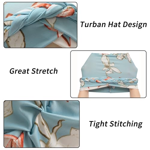 ZLYC Chemo Headwear for Women Pre Tied Turban Headwear Lightweight Beanie Hat - color: Braid Floral Light Blue