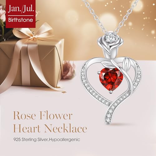 LOUISA SECRET Rose Flower Heart Birthstone Necklaces for Women, 925 Sterling Silver Jewelry, Pendant Heart Necklaces Birthday Anniversary Christmas Gift for Women Wife Mom Girlfriend Lady - color: White Gold-01/07-Jan/Jul