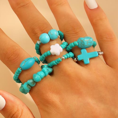 7Pcs Bohemian Turquoise Rings for Women Exaggerate Western Knuckle Ring Sets Stackable Beads Elasticity Finger Rings Set Simple Beaded Finger Jewelry Gifts