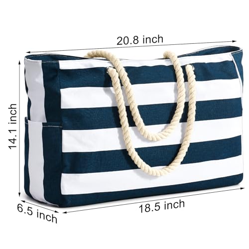 Becokan Beach Bag Large Beach Tote Bag for Women Waterproof Sandproof Swim Pool Bag With Zipper - color: Dark Blue