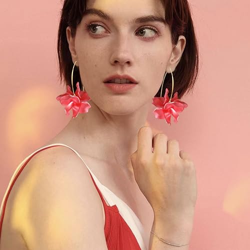 Exaggerated Bohemian Resin Rose Flower Petal Dangle Drop Earrings Long Acrylic Tiered Floral Tassel Earring for Women - color: Pearl Red