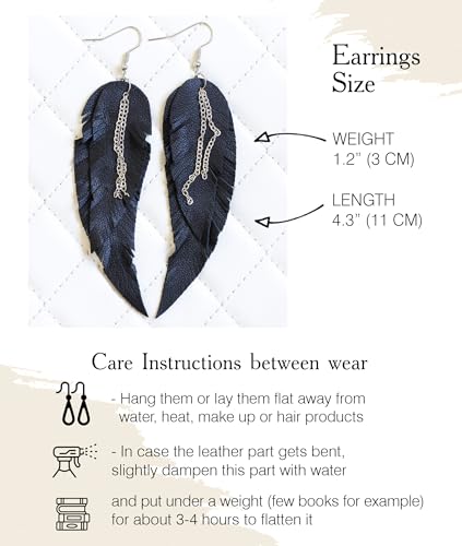 Black shiny Leather Feather Earrings for Women, Lightweight Minimal Boho Dangle Earrings, Small Simple Everyday Jewelry - color: black