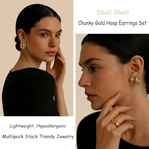 16 Pairs Starfish Chunky Gold Hoop Earrings Set for Women, Beach Shell Style Stack Statement Earrings, Hypoallergenic Lightweight Gold Plated Trendy Summer Jewelry Gift - color: gold-star