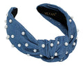 Denim Blue Knotted Headband for Women with Pearls is a Comfy Year-round Pearl Headbands for Women Wearable All Day Fashion Designer Dark Blue Jean Girls Head bands Top Knot Thick for Hair - color: Blue Denim White Pearl