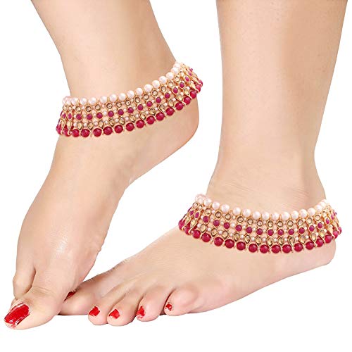 I Jewels Gold Plated Indian Traditional Bollywood Style Ethnic Gold Kundan & Pearl Anklet/Payal Barefoot Jewelry for Women (A034-35) - style: Style 1