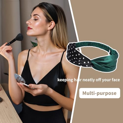 ZLYC Mulberry Silk Headband Elastic Twist Knotted Head Bands for Women's Hair, Polka Dots and Dark Green - color: Polka Dots and Dark Green
