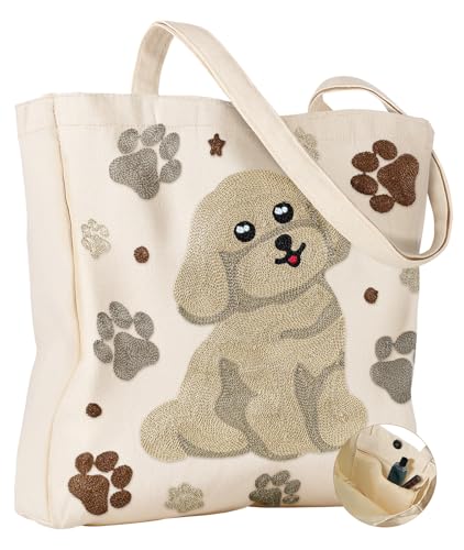 Miss Adola Embroidery Tote Bag with Pocket & Buckle - Reusable Canvas Tote for Women Cute Aesthetic Work Shopping Grocery Bag - style: Dog