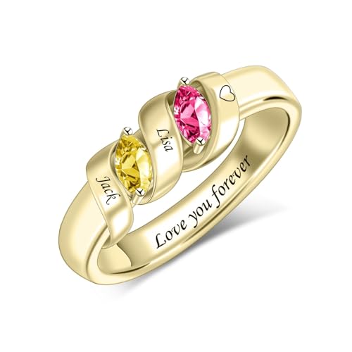 MissNaNa Mothers Ring With 1/2/3/4/5/6 Birthstones Personalized Engraved Name Rings for Women Stacking Birthstone Ring for Mom Grandma Daughter Wife Birthday Christmas Gift - color: 2 Birthstones