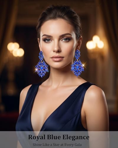 Silver Chandelier Earrings for Women Trendy, Oversized Big Crystal Rhinestone Statement Earrings Dangling Formal Pageant Earings Drag Queen Jewelry - color: royal blue