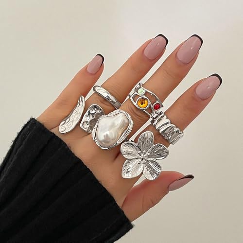 Gold Silver Chunky Ring Set for Women,Open Stacking Knuckle Statement Ring,Boho Flower Baroque Pearl Rings Set,Minimalist Aesthetic Rings Jewelry Gifts - color: Silver