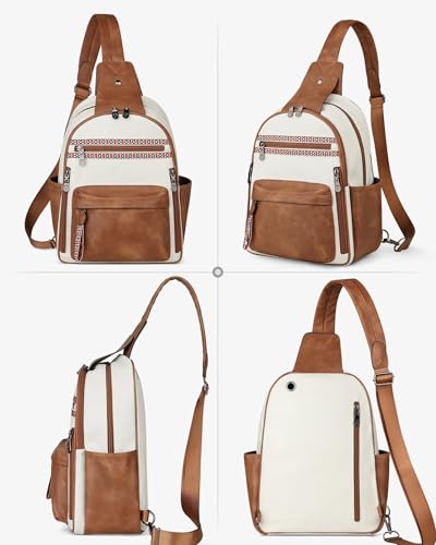 FADEON Large Sling Bag for Women, Leather Crossbody Purse Designer Anti Theft Sling Backpack, RFID Fanny Packs for Travel - color: Beige Brown