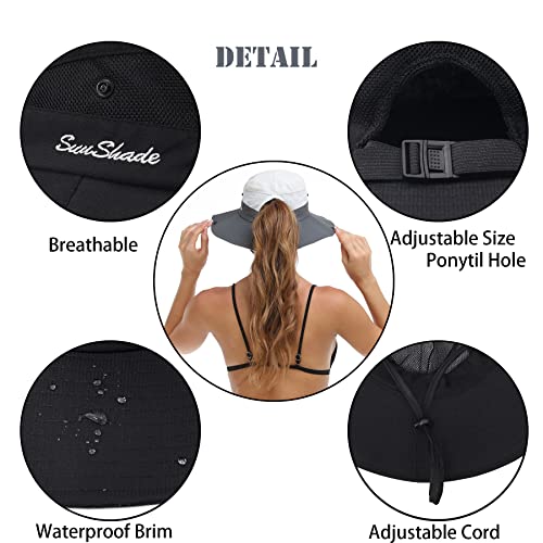 Womens Summer Sun Hat Beach Hat Wide Brim Outdoor UV Protection Hat Foldable Cool Mesh Ponytail Bucket Hat - color: Black
