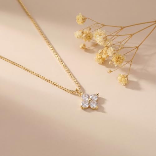 Dainty Gold Necklaces for Women Trendy Non Tarnish 14K Gold Plated Cubic Zirconia Necklace Layered Simple Cute Four Leaf Clover Choker Jewelry Birthday Gifts - color: Gold, style: Box CZ