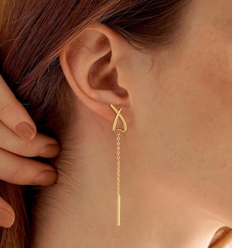 14K Gold Plated Dangle Earrings for Women Chain Dangling Long Earrings Trendy CZ/Twisted X Hoop Studs Dainty Threader Earrings Wedding Hanging Drop Dangly Minimalist Jewelry Gifts for Woman - style: 1