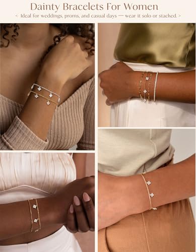 Dainty Silver Gold Bracelets for Women Trendy Non Tarnish 14K Gold Plated Cute Clover Bracelet Stackable Daisy Cubic Zirconia Diamond Charm Bracelet Stack Waterproof Jewelry Gifts - color: D- Charm Bracelet- Gold
