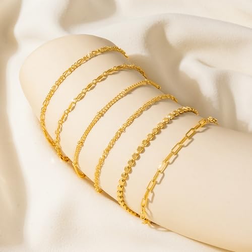 Tewiky Waterproof Gold Bracelets for Women Non Tarnish - Dainty Stack 14K Gold Plated/Sterling Silver Chain Bracelets Set Adjustable Trendy Jewelry for Women - style: Style C