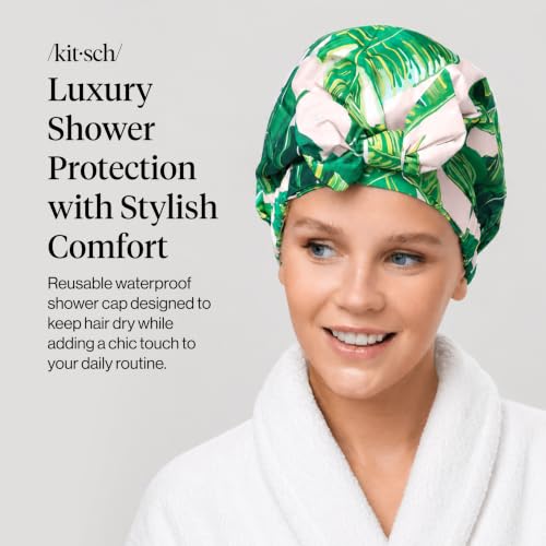 Kitsch Luxury Shower Caps for Women Reusable Waterproof - Large Shower Cap for Women and Men, Non-slip, Quick-dry Hair Cap for Long & Short Hair, Comfortable and Stylish Design - Palm Leaves - color: Palm Leaves