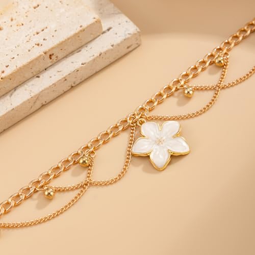 Ankle Bracelets for Women Gold Anklets for Women Waterproof Summer Beach Jewelry Pink Blue White Silver Flower Anklets for Women Plus Size Anklet Bracelet for Big Ankles Foot Jewelry - color: 3 - white