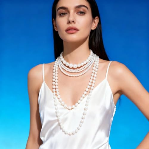 Layered Pearl Necklaces for Women Big Pearl Long Chain Necklace Dainty Faux Pearl Necklaces Statement Sweater Strand Chain Jewelry - style: SetA
