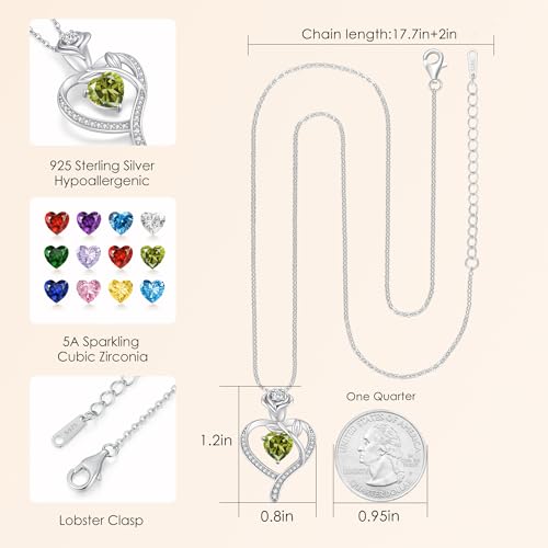 LOUISA SECRET Rose Flower Heart Birthstone Necklaces for Women, 925 Sterling Silver Jewelry, Pendant Heart Necklaces Birthday Anniversary Christmas Gift for Women Wife Mom Girlfriend Lady - color: White Gold-08-Aug