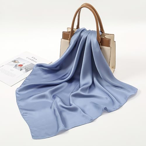 vimate Head Scarf for Women Hair 27'' Square Satin Silk Feeling Bnadana Neck Scarf Handbag Accessories Etc - color: C72#. Haze Blue