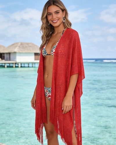 Sparkle Metallic Evening Shawls for Women formal Party Dresses Beach Travel Cardigan Shawl Wrap for Swimsuit - color: Q-red
