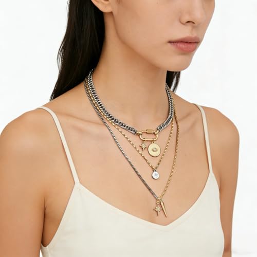 Gold Layered Necklaces for Women,Tone Mixed Necklace Chain,Chunky Paperclip Chain Silver Coin Pendant,Trendy Statement Jewelry Gift