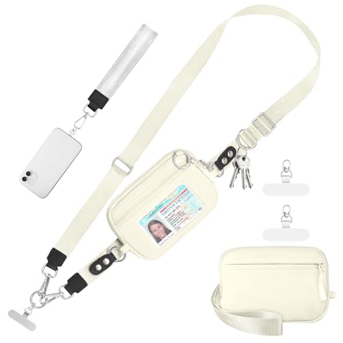 Tiostep Clip and Go Strap for Phone with Wallet Crossbody Phone Lanyard Adjustable and Detachable Wristlet Wallet with ID Window and Zipper, Beige - color: Beige, size: Medium