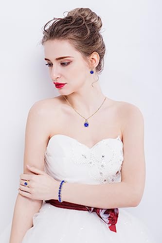 Paxuan 4pcs Cubic Zirconia Wedding Jewelry Sets for Bride Bridesmaid Cubic Zirconia Pendant Necklace Earrings Link Tennis Bracelet Open Ring Set for Women - color: Gold Plated Sapphire Cubic Zirconia