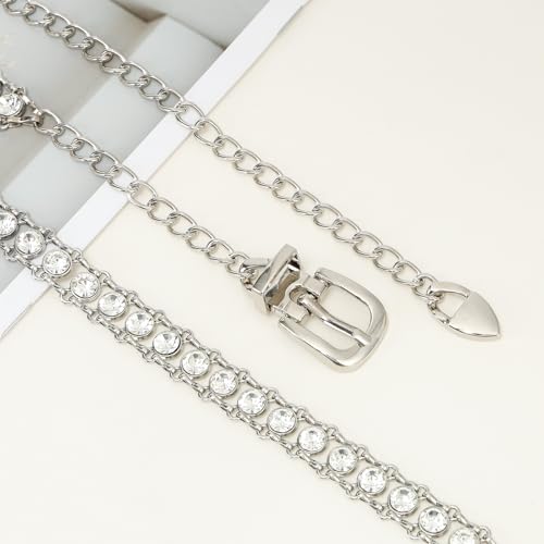 YooAi Chain Belts Leather Waist Belt for Women Layered Metal Chain Belt - size: M/L: fits waist from 31"-40", style: Silver Rhinestsone