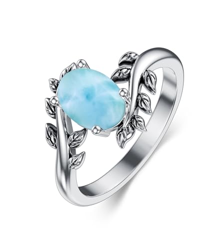 Genuine Turquoise Ring for Women Western Oval Gemstone Jewelry 925 Sterling Silver Leaf Bohemian Boho for Her Wife Mom - color: Larimar