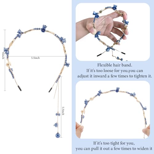AHONEY Blue Flower Headband for Women Girls Hair Vine Leaf Boho Headband Wedding Fairy Accessories Headpiece - color: Blue