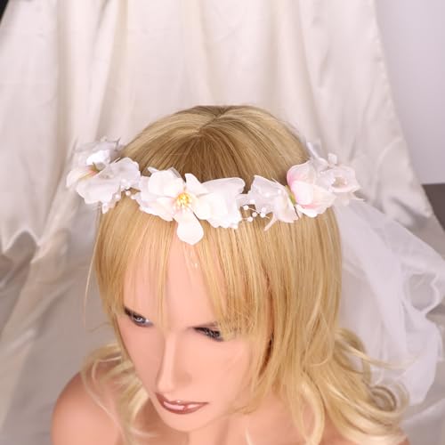 Artificial Flower Crown Headband for Women Girls – Boho Floral Wreath Halo for Weddings, Photoshoots, Festivals, Birthdays, and Costume Parties (White Peach Blossom, Adjustable) - color: White Peach Blossom