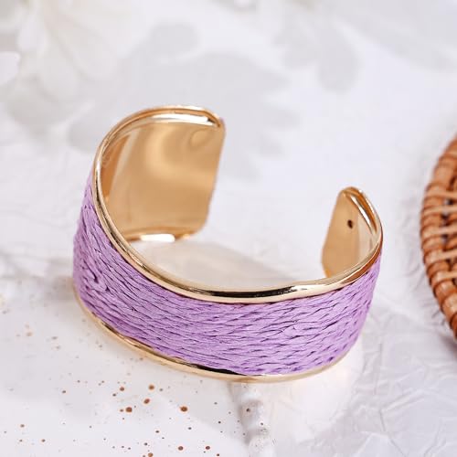 Raffia Colorful Chunky Cuff Bracelet For Women Statement Irregular Wave Vacation Tropical Beachy Spring Summer Wide Open Bangle Handmade Boho Costume Jewelry Accessories - color: Light purple
