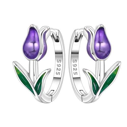 Earrings for Women 925 Sterling Silver Hoop Earring Colorful Cute Fashion Hoop Earrings Graduation Birthday Jewelry Gifts for Women - color: Purple Tulips Earrings