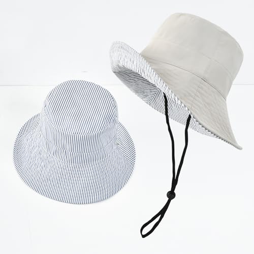 Women's Summer Sun Hat - Reversible Design with Striped Lining Adjustable Brim for Travel and Outings Cap - color: Stripes-gray