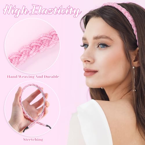 MTLEE 6 Pcs Beaded Headbands for Women Sparkly Crystal Non Slip Thin Beaded Hairbands for Women's Hair Colorful Fashion Handmade Gift Hair Hoop Accessories(Pink) - color: Pink