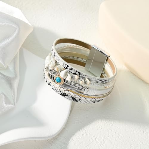 VIBILIA Boho Leather Wrap Bracelets for Women Men Multi-Layer Bracelets with Strong Clasp Western Jewelry - color: 09-Gravel Feather-White