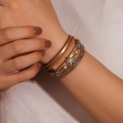 FANCY SHINY Turtle Starfish Leather Wrap Bracelet Boho Rhinestone Pearl Cuff Bracelets for Women Summer Beach Jewelry for Women - color: Rose Gold