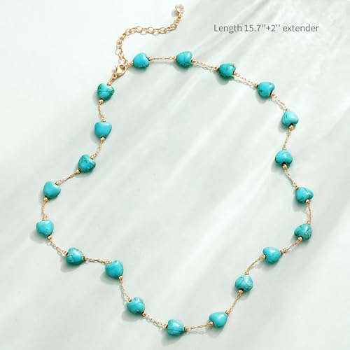 Created Turquoise Necklace for Women 14K Gold Plated Beaded Heart Choker Boho Necklaces Handmade Beach Summer Everyday Western Jewelry Gifts - color: Gold Chain, style: Heart